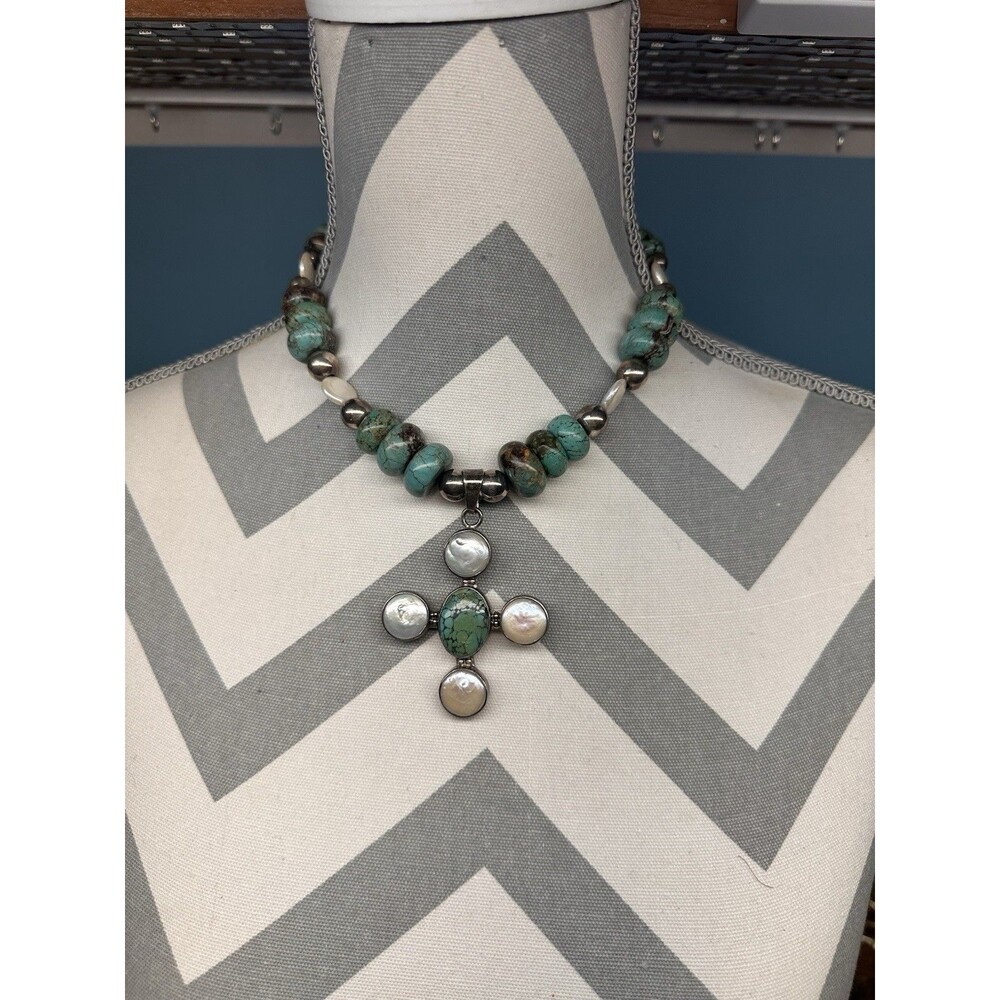 Vintage Southwestern Sterling Silver Turquoise  Baroque Pearl Pendant Necklace